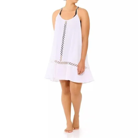 Freshwater White Eyelet-Trim Racerback Swim Cover-Up Dress Size 2X - Picture 3 of 5